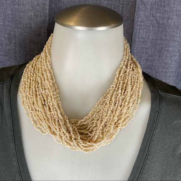 Jewelry - BOUTIQUE Cream Multi Strand Glass Seed Bead Woven Statement Necklace 42 Strands